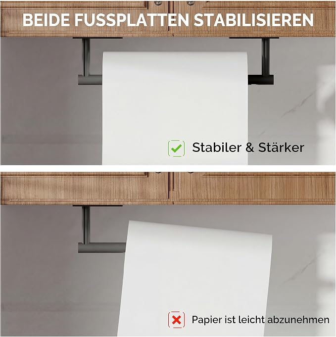 Matte Black Paper Towel Holder Under Cabinet Self Adhesive | 304 Stainless Steel Post Pivoting Design Wall Mounted & No Drilling for Kitchen Waterproof & Rustproof, Square Base