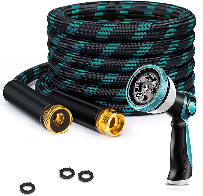 Garden Hose 25FT, Ultra Lightweight with 10-Function Nozzle | Kink-free & leak-proof 25FT hose. Ultra-lightweight 2.8 lbs, durable fittings, 10-pattern nozzle. Includes 3 extra washers.