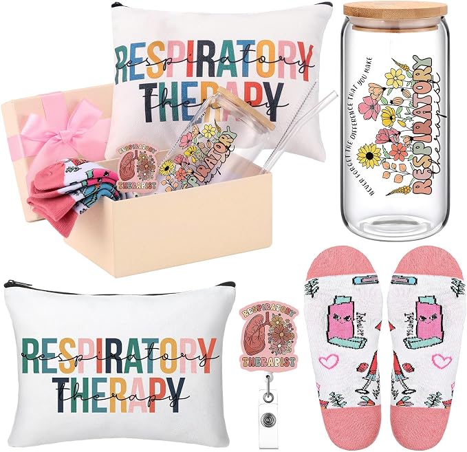 Skylety 5 Pcs Respiratory Therapist Gifts for Women | 16oz Glass Cup Socks Cosmetic Bag Badge Reel, RT Appreciation Gift Box, Respiratory Therapist accessories, Nurse Doctor Gift