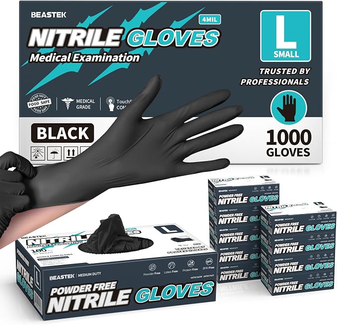Black Nitrile Exam Gloves, 4 Mil, Powder-Free Food Prep Disposable | Soft+ • Powder-Free • Latex-Free • Medical • Examination • Cooking • Cleaning • Food Prep • Tattoo • Black • 100 Ct & 1000 Ct