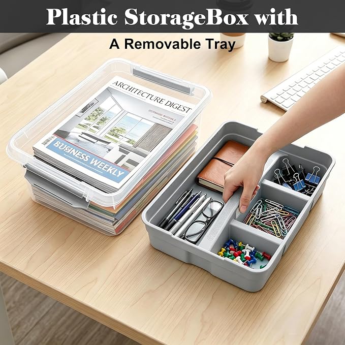 Yesland Portable Craft Storage Box with Removable Tray and Handle, 16x11x6.5 Inch Plastic Art Supply Organizer Container for Stationery, Sewing, Jewelry - Grey