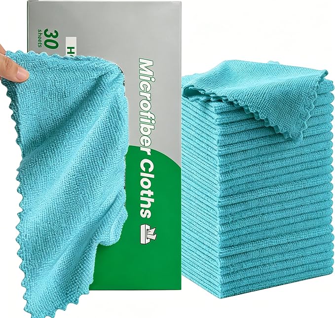 30 Pack Microfiber Cleaning Cloths, Dish Towels for Kitchen, Car, Bathroom | Cleaning Rags for Window, Household, Ultra Absorbent Cleaning Supplies, Lint Free, Streak Free, Reusable & Washable (Blue)