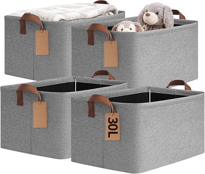 CHICVITA 4 Pack Large Fabric Storage Baskets for Shelves, 30L Gray | 16.8" × 11" × 9.8" Closet Storage Bins for Clothes, Toys & Towels, Fits Nursery & Bathroom Organization, Metal Frame