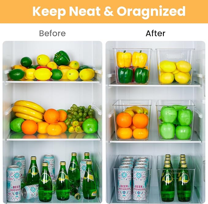 YIHONG Clear Plastic Storage Bins, 16 Pack Pantry Organizer Bins with Handle for Kitchen, Freezer,Cabinet,Closet Organization and Storage(XL)