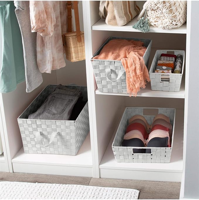 Simplify 2 Pack Large Storage Shelf Totes with Woven Strap in Heather Grey | Decorative | Baskets | Organization | Accessories | Drawer | Desk | Closet | Bathroom | Bedroom | Nursery | Toys | Gifts