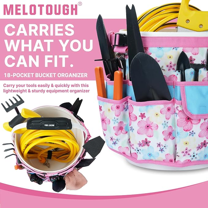 MELOTOUGH Bucket Caddy Organizer Bucket Tool Organizer for Garden Tools Fit 3.5 to 5 Gallon Bucket (Pink Flower)