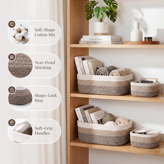 Storage Baskets for Shelves, 5 Pack, 2 Sizes Organizer Bins | Woven Cotton Rope Baskets, 3 Large + 2 Small Shallow Storage Bins for Nursery, Closet, Toys, Bathroom & Changing Table