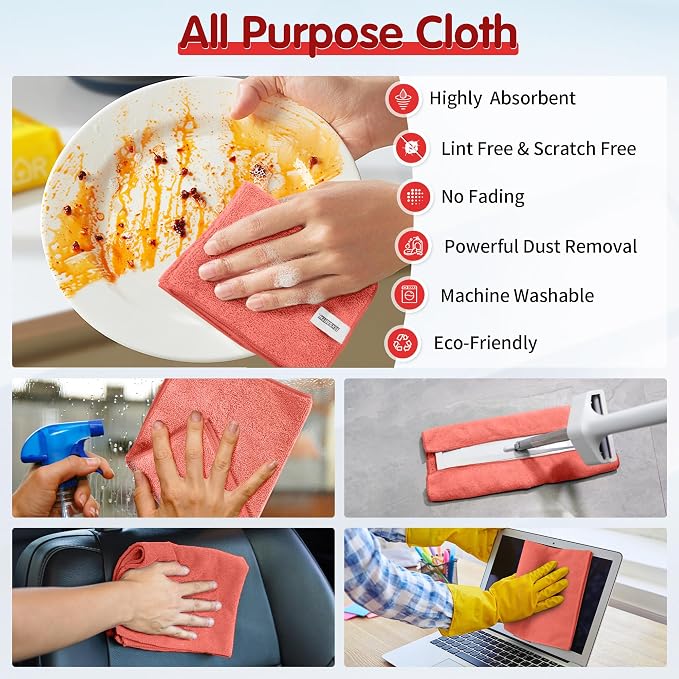 Red Microfiber Cleaning Cloth -Pack of 12, Highly Absorbent Cleaning Rags, 16"X12" All Purpose Cleaning Towels for Housekeeping, Kitchen, Car, Lint Free and Reusable Microfiber Towels