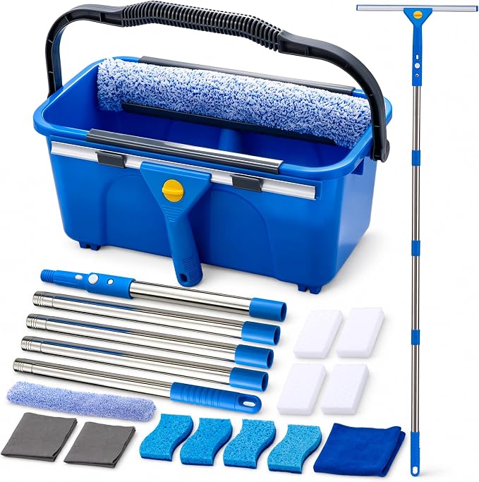 Professional Window Cleaning Kit with Bucket and Extension Pole, 7-in-1 Window Washing Kit with Squeegee, Washer, 8 Cleaning Sponges & 2 Glass Cloths, Exterior Window Cleaning Kit for High Windows