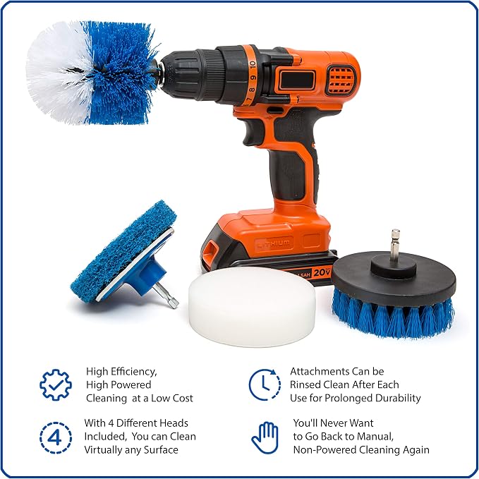 RevoClean 4 Piece Scrub Brush Power Drill Attachments-All Purpose Time Saving Kit-Perfect for Cleaning Grout, Tile, Counter, Shower, Grill, Floor, Kitchen, Blue & White