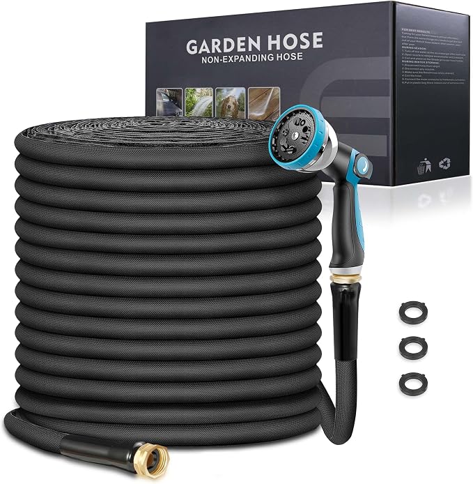 Non-Expandable Garden Hose 25feet, Flexible Water Hose with 10 Function Hose Nozzle, Lightweight, Tangle Free, Rust Proof for Yard (Black)