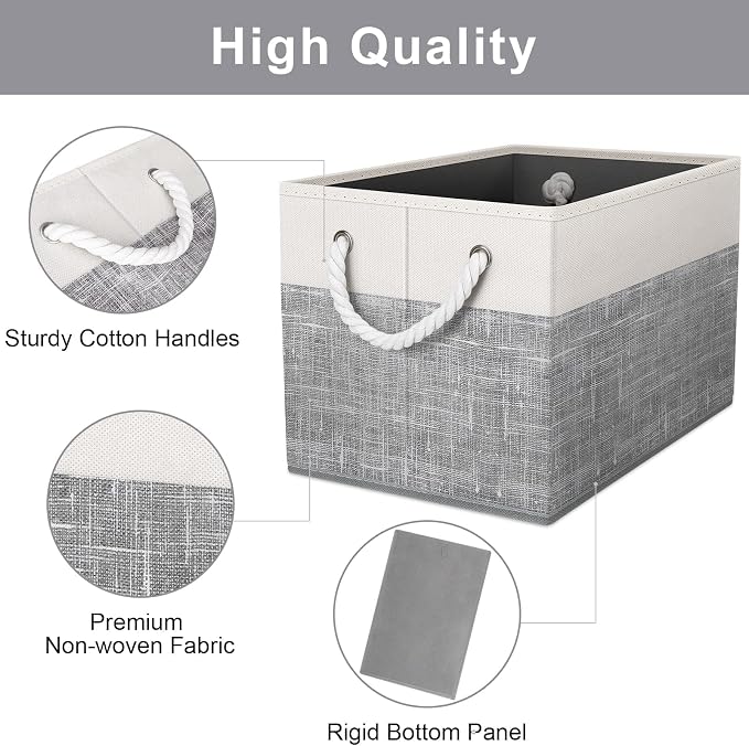 Storage Bins Foldable Storage Baskets with Rope Handles | 3-Pack Storage Bins for Organizing Toys, Books, Shelves, Closet, Large Storage Box Sturdy Organizer Bins, White & Grey