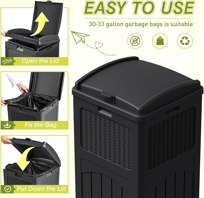 Greesum 33 Gallon Outdoor Trash Can with Lid (2-Pack), Dark Black | Heavy Duty Resin Garbage Bin, Waterproof & UV Resistant for Patio, Garden, Deck, Yard