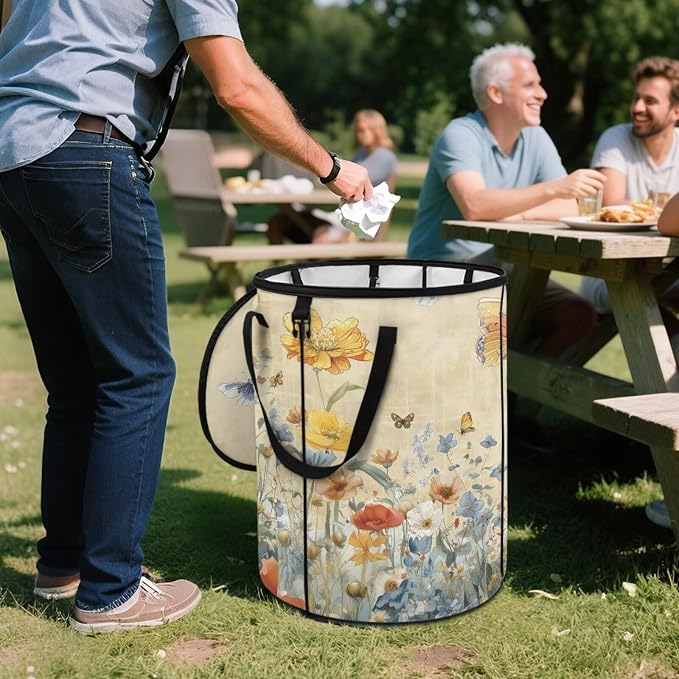 Floral Butterfly Collapsible Trash Can 24 Gallon Pop-Up Outdoor Garbage Can with Handles Waterproof Lightweight Storage Bag with Lids for Laundry Toy Room Garden Patio Camping