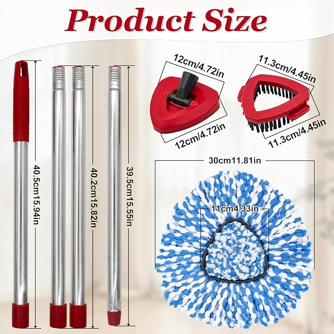 Mop Replacement for O-Cedar RinseClean 2-Tank, Mop Handle for Ocedar Mop | Includes 2 Mop Heads Replacements 4-Section Mop Handle 1 Mop Base 1 Scrubber Mop Head, Reusable and Washable,Wet/Dry Use