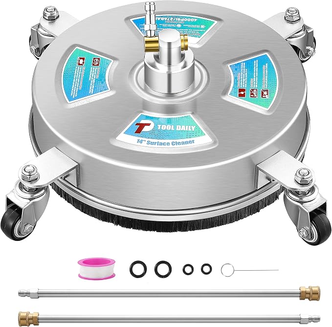Tool Daily 14” Pressure Washer Surface Cleaner with 4 Wheels, 4000 PSI | Stainless Steel Driveway Power Washer Attachment for Concrete, Patio, Sidewalk, Deck, 2 Extension Wand, 1/4" Quick Connector