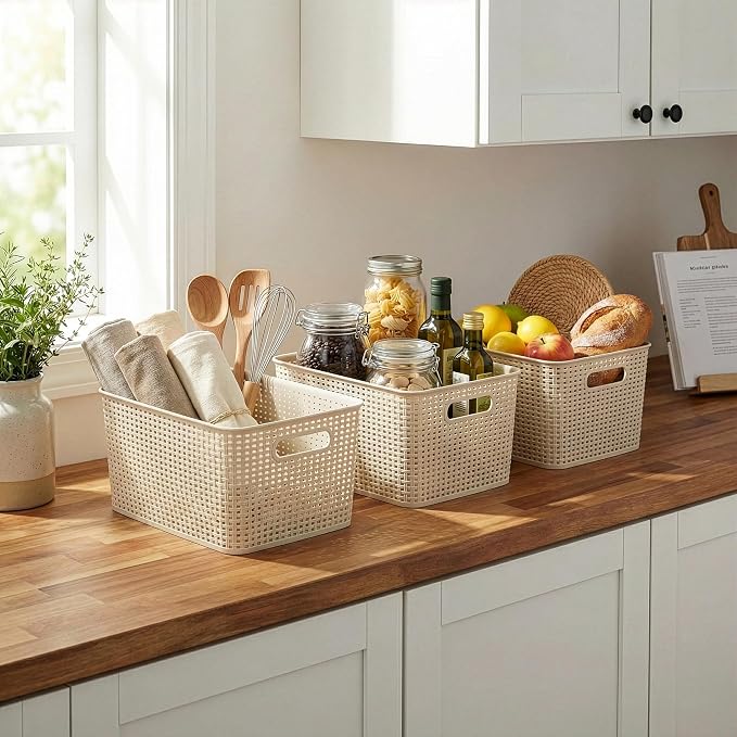 BINO | Plastic Storage Baskets, 22 Liter - 3 Pack, Natural Grey | THE WOVEN COLLECTION | Storage Basket for Shelves | Woven Storage Baskets for Organizing Bins | Pantry Shelf Organizer | Container Bin