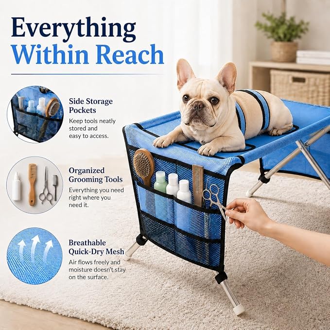 Dog Bath Hammock with Foldable Pet Bathing Stand (Upgraded Version - Blue) | For bathing, paw cleaning, nail trimming and grooming Small/Medium Dogs in showers, laundry rooms and home pet care areas