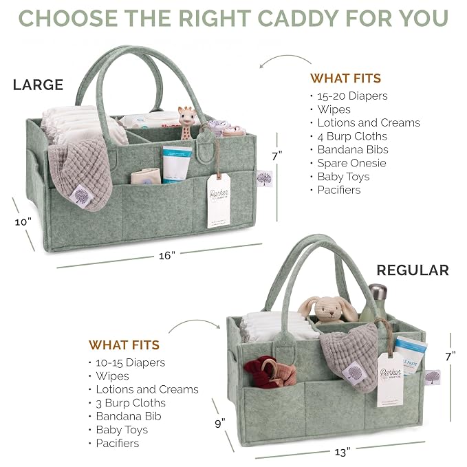 Parker Baby Co. Felt Diaper Caddy Organizer - Large, Sage | Portable nursery storage bin for diapers, wipes, bottles & baby essentials in home/car. Soft felt, foldable design 16x10x7"