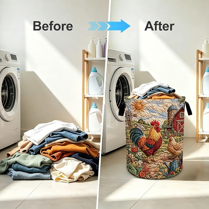 Rooster Print Laundry Basket Foldable Oxford Laundry Hamper With Handle For Room Bathroom Bedroom