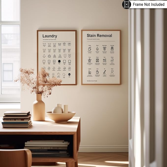 Poster Master 2-Piece Essential Guide for Laundry Print - Stain Removal Poster - Infographic Art - Black & White Design - Symbols & Instructions Art - Laundry Room Decor - 8x10 UNFRAMED Wall Art