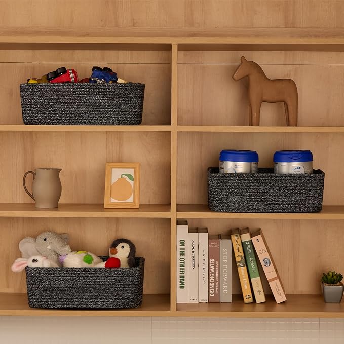 MiniArk Large Shallow Organizing Baskets 15x11x5.1 Inches - Rope Woven Storage Bins for Bathroom, Shelves, Cube Closet, Mixed Black 2 Packs