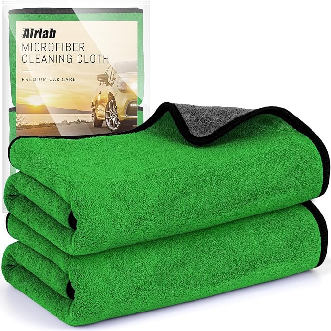 Microfiber Towels Cars Wash Drying Cleaning Cloth, Green & Grey | Thick Plush Auto Detailing Super Absorbent for Interior & Exterior Lint Free, Streak Free, 35 x 24 Inch, Pack of 2