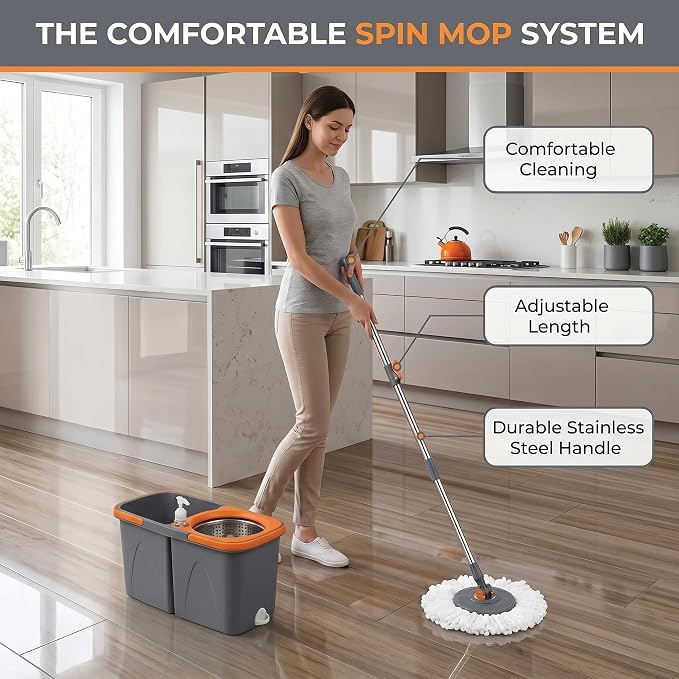 Spin Mop and Bucket Set with 3 Extra Heads, 130cm Extendable Handle - Grey and Orange, Microfibre Mop Head, Self-Wringing System, for All Hard Floors and Tiles