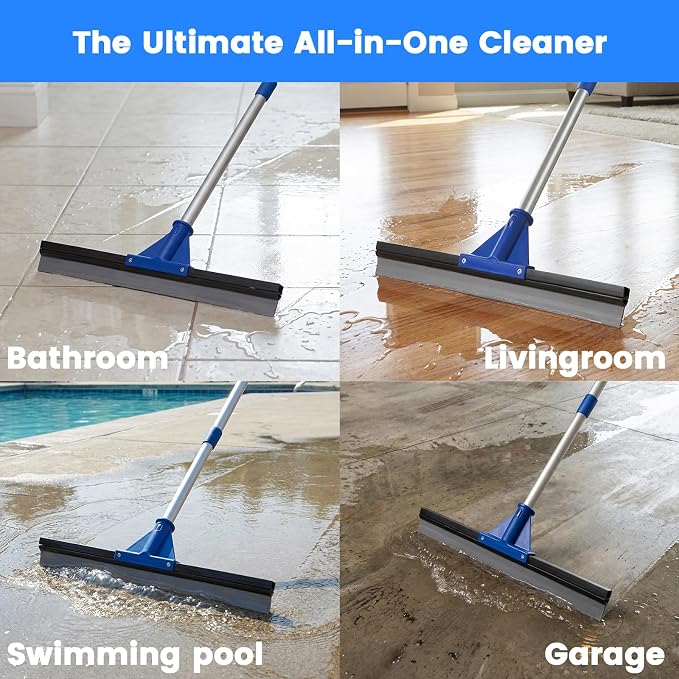 Floor Squeegee for Concrete Floor, 18" Large Heavy Duty Squeegee for Floor, Rubber Broom with 60" Long Handle for Garage Concrete Bathroom Kitchen Pool Glass Window