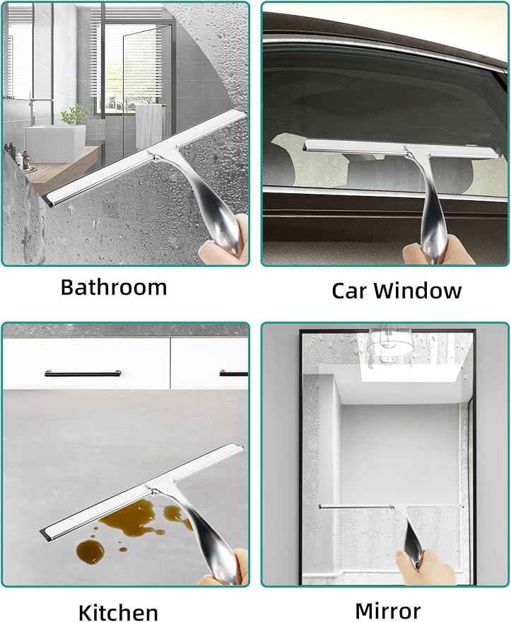 All-Purpose Stainless Steel Shower Squeegee Come with S Hook, 2 Square Sticky Hook 2 Rubber Strips Shower Squeegee for Glass Doors, Windows, Mirrors, Tiles and Car Glass -12 Inches Silver
