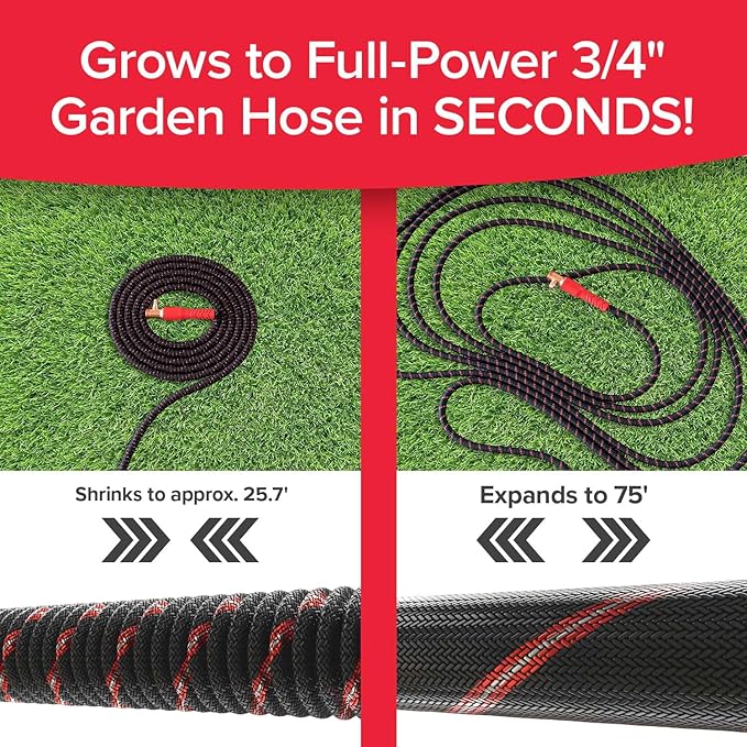 Pocket Hose Ballistic 75 FT Expandable Garden Hose, No-Kink, As Seen on TV | Anti-burst sleeve reinforced with bulletproof fiber, 360° swiveling pocket pivot connector, lightweight compact design