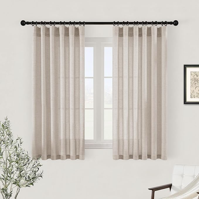 Linen Beige Short Window Curtains 45 Inch Length 2 Panels Privacy | Semi Sheer Translucent Drapes, 45 Inches Long, Light Filtering, Rod Pocket, Hook Belt Curtain, for Cafe Bathroom Kitchen Boho