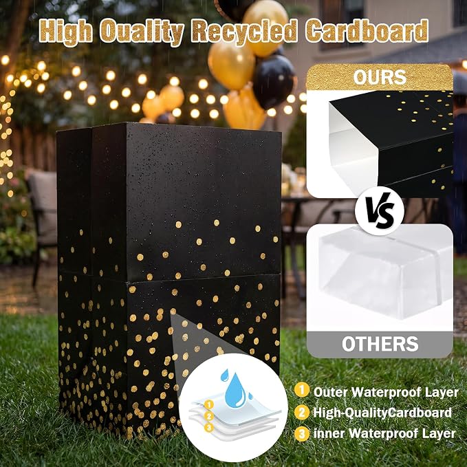 Tinlade 6 Pack 13 Gallon Pop up Trash Cans Black and Gold Disposable Garbage Cans for Party Large Waterproof Trash Can Foldable Bins for Graduation Prom Birthday Anniversary Party Gathering