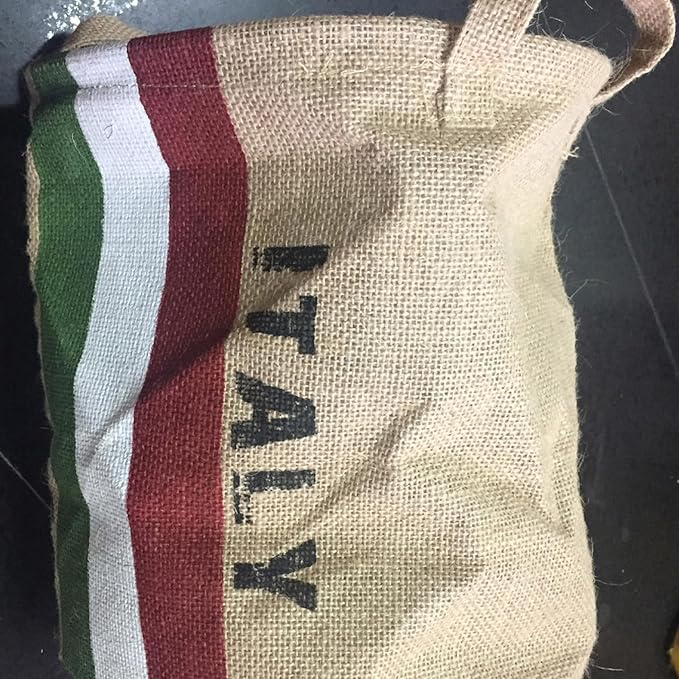 Burlap Waste Basket Vintage, Round Jute Organizer with Handles | Small Recycling Bin for Paper, Bottles & Cans, Rustic Home Office Decor, Italian Flag Design, Souvenir Gift 10" Dia. X 12" H