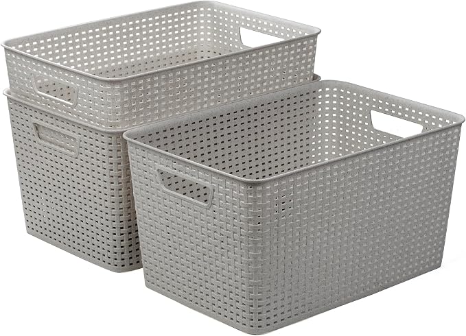BINO | Plastic Storage Baskets, 22 Liter - 3 Pack, Natural Grey | THE WOVEN COLLECTION | Storage Basket for Shelves | Woven Storage Baskets for Organizing Bins | Pantry Shelf Organizer | Container Bin
