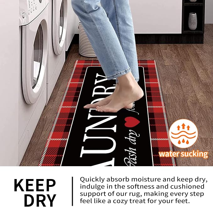 XLHOMO Laundry Room Rug Runner, 17"x47" Buffalo Plaid Non Slip Red Laundry Rugs, Farmhouse Washable Floor Laundry Mats for Laundry Room, Mudroom, Kitchen, Washroom, Bathroom, Entryway Rugs Decor