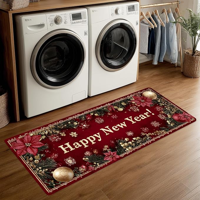 ANNA QUEEN Happy New Year Laundry Room Rug Runner 20x47 Inch -Waterproof Non-Slip Red Poinsettia Floor Mat for Front Load Washer Dryer,Washable Kitchen Decor, Machine Washable