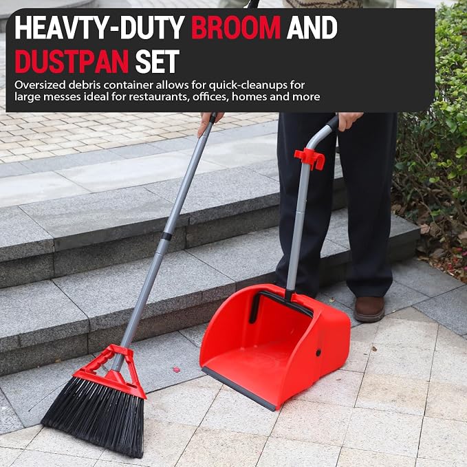 2 Pack Heavy Duty Broom and Dustpan Set,Indoor Outdoor Sweeping Kit,Red | 14"x14" Jumbo Large Capacity Dustpan & 14" Wide 54" Long Handle Broom, for Home Kitchen Yard Restaurant Garage Cleaning