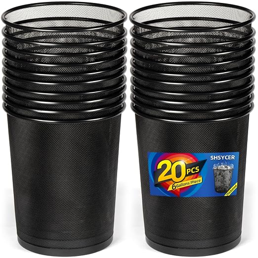 20 Pack Black Mesh Trash Cans, 6 Gal Mesh Office Trash Can, Round Open Metal Wire Wastebaskets, Waste Basket Trash Can for Near Desk,Recycling Garbage Container Bin for Office,Home,School