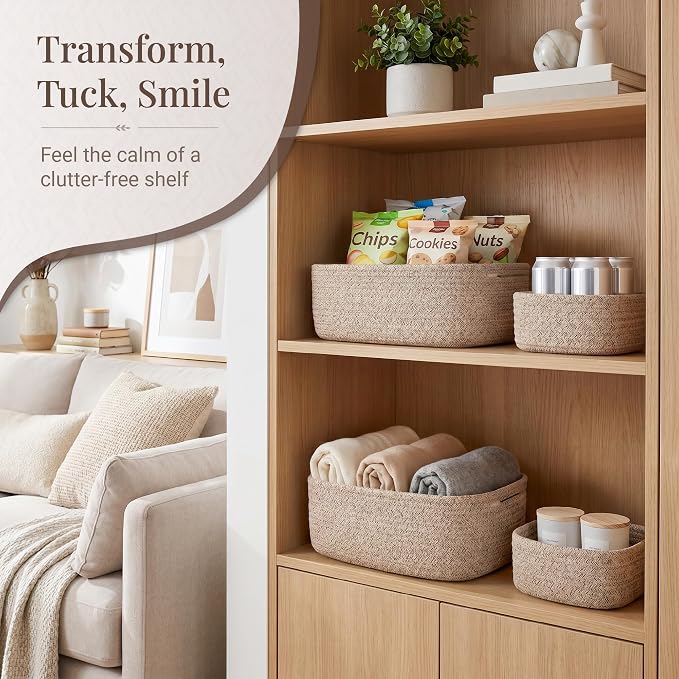 Storage Baskets for Shelves, 4 Pack, 2 Sizes Organizer Bins | Woven Cotton Rope Baskets, 2 Large + 2 Small Shallow Storage Bins for Nursery, Closet, Toys, Bathroom & Changing Table