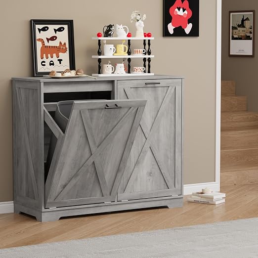 Double Tilt Out Trash Can Cabinet, Wooden Farmhouse Kitchen Garbage Bin Enclosure with Negative Ion Odor Control, Hidden Dog Proof Trash or Laundry Basket Storage for Laundry Room, Grey