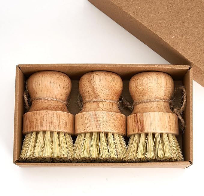 Diahom Bamboo Dish Brush Scrubber 3 Pack for Kitchen Cleaning Pot Pans