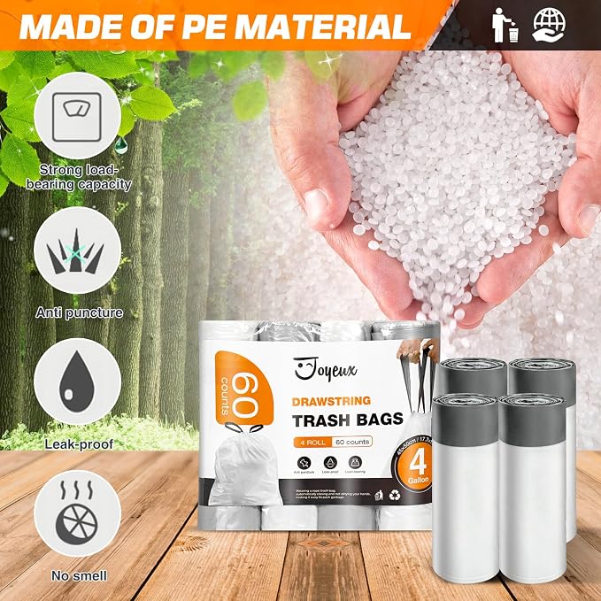 Small Trash Bags 4 Gallon - 60 Count Drawstring Unscented Small Garbage Bags, White Trash Can Liners for Bathroom, Bedroom, Office (Pack of 2)