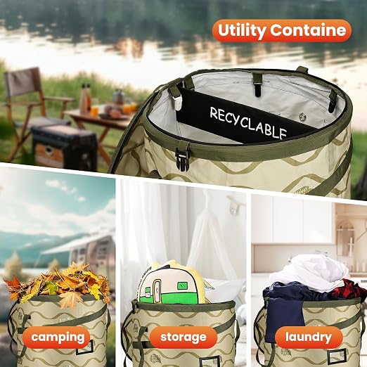 Pop-Up Trash Bin, Collapsible Trash Can, Green | with Removable Divider, for Camping, Laundry, Storage and Garden, Waterproof and Tear Resistance with Air Vent