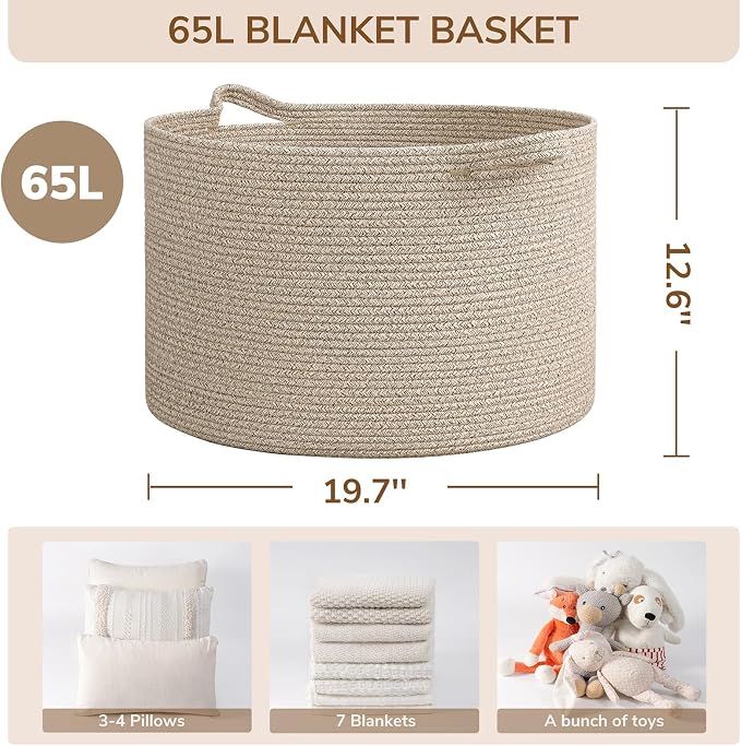 INDRESSME Large Woven Wicker Blanket Basket Living Room, 65L | 19.7" x 12.6" Storage baskets for laundry, toys & pillows. For living room, bedroom or nursery decor. soft-touch, gift basket