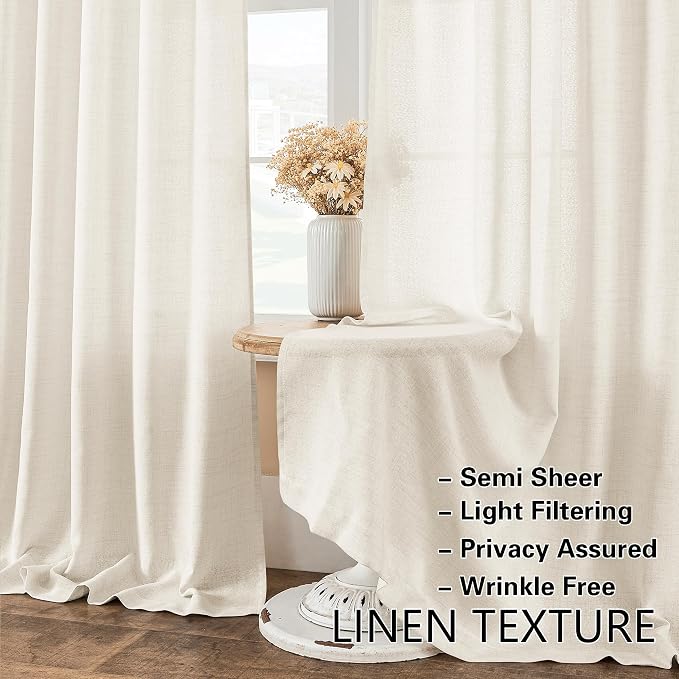 2 Panels Natural Thick Linen Door Curtain W35 x L40 Semi Sheer | Privacy Semi Sheer Light Filtering Drapes, for Bedroom Kitchen Bathroom, Tieback, French Door Curtains, Wrinkle Free