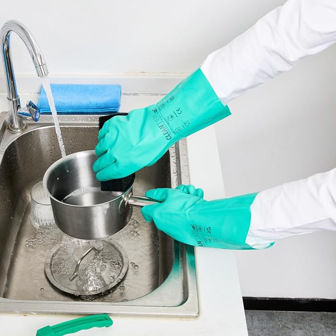 Restaurantware-Clean Tek Professional 15 Mil XXL Cleaning Gloves, 1 Pair Of Long Cuff Gloves - Flock Lining, No-Powder, Green Nitrile Chemical Tolerant Gloves, No-Latex, Heavy-Duty Tasks