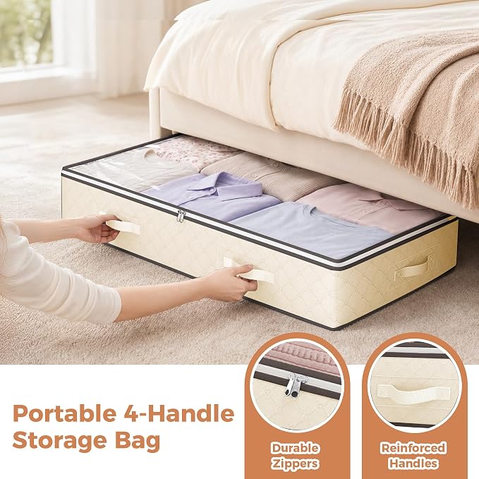 Budding Joy 95L Underbed Storage Containers, 4 Pack Closet Organizers Beige | Underbed Storage Bags for Blankets, Towels, Comforter, Sweaters, Linen Sheets, Wrapping Paper