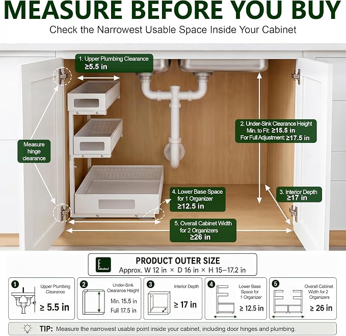 3 Tier Under Sink Organizer,2 Pack Pull Out Cabinet Shelves with Adjustable Height,Heavy Duty Carbon Steel L-Shaped Storage for Kitchen Bathroom Sink,Pantry & Laundry,White