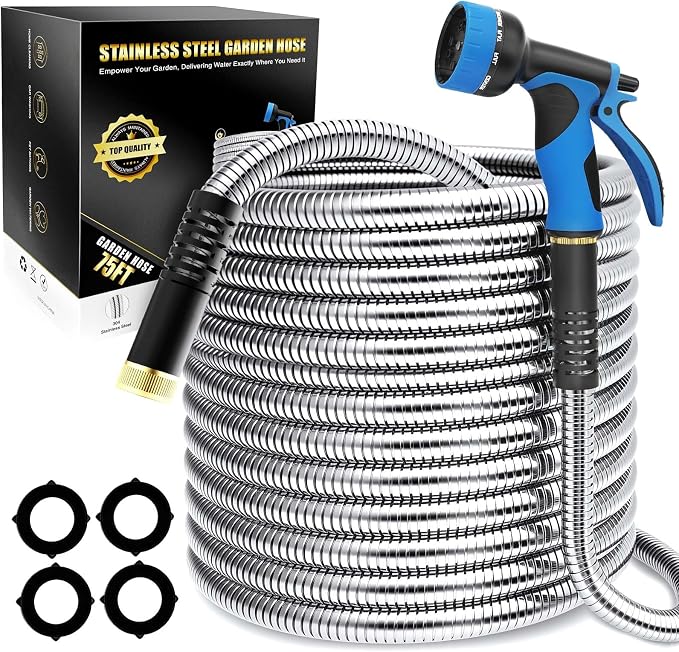Lefree 75ft Metal Garden Hose - 304 Stainless Steel Water Hose | Flexible Heavy Duty No Kink Leak Proof with Upgraded Handle & Spray Nozzle for Yard Garden Pet Bath Outdoor Cleaning